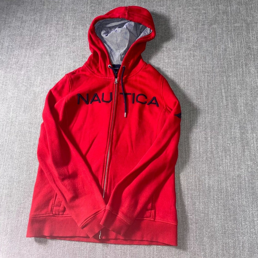 Nautica Hoodie Womens Medium Red Fleece Lined Embroidered Raglan Sleeve Full Zip